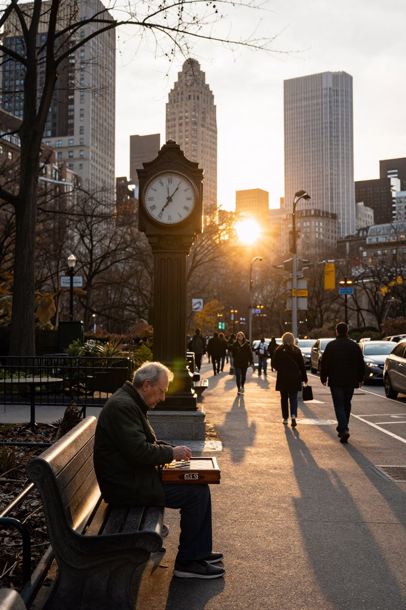 New York City Sunset Street Scene with Chess Clock and Dogwood Tree in in New York, New York, United States