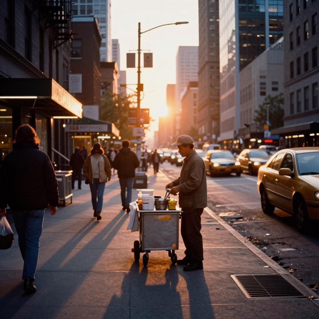 New York City Sunset Street Scene with Food Vendor and Hydrangea Bush in in New York, New York, United States