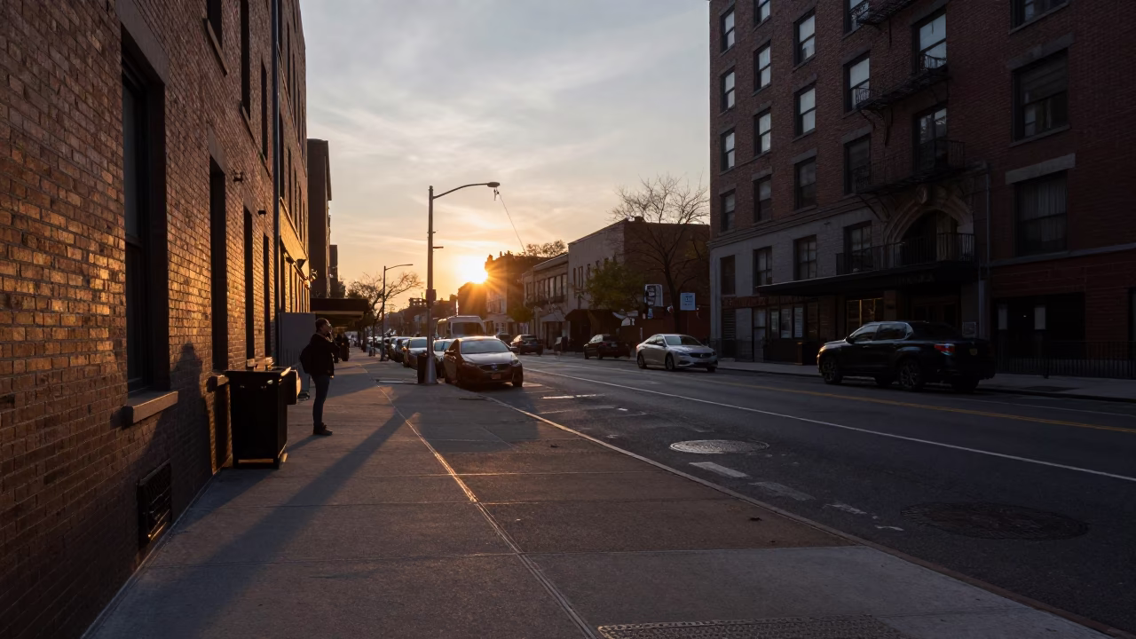 New York City Sunset Street Scene with Grappling Hook and Urban Details in in New York, New York, United States