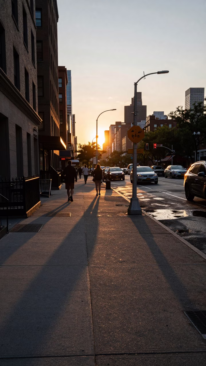 New York City Sunset Street Scene with Grease Sheen on Pavement and Urban Life in in New York, New York, United States