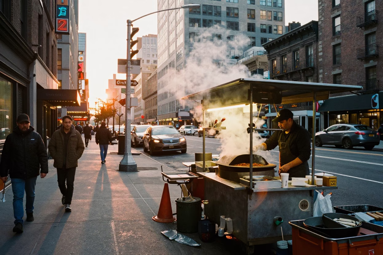 New York City Sunset Street Scene with Local Vendor and Urban Details in in New York, New York, United States