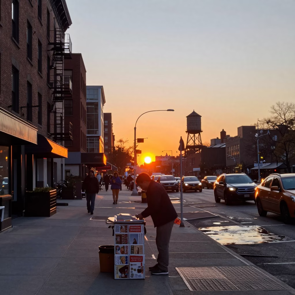 New York City Sunset Street Scene with Magazines and Water Tower in in New York, New York, United States