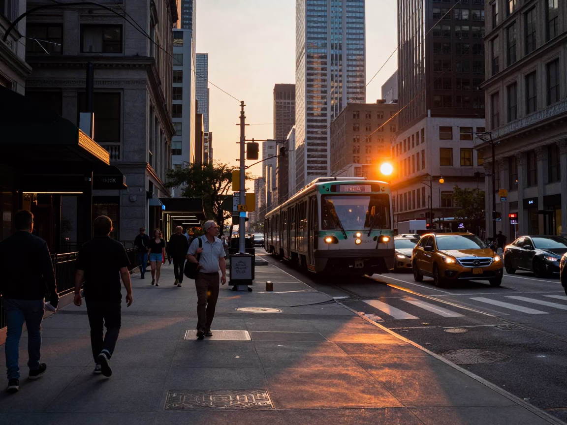 New York City Sunset Street Scene with Monorail Reflection in Skyscraper Glass in in New York, New York, United States
