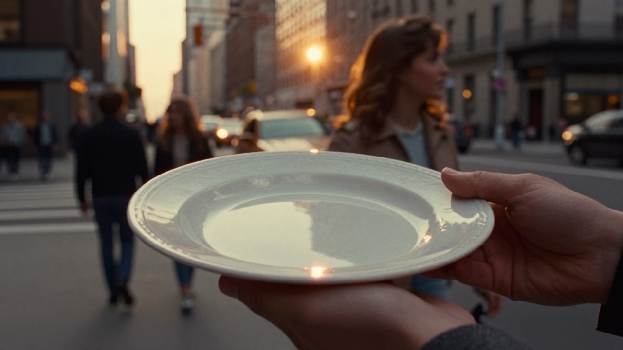 New York City Sunset Street Scene with Plate and Hand Fork in in New York, New York, United States