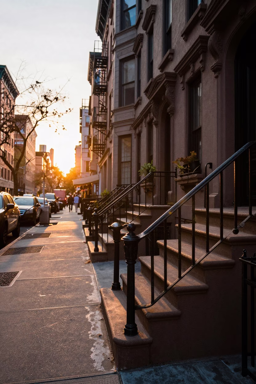 New York City Sunset Street Scene with Stair Rail and Urban Details in in New York, New York, United States