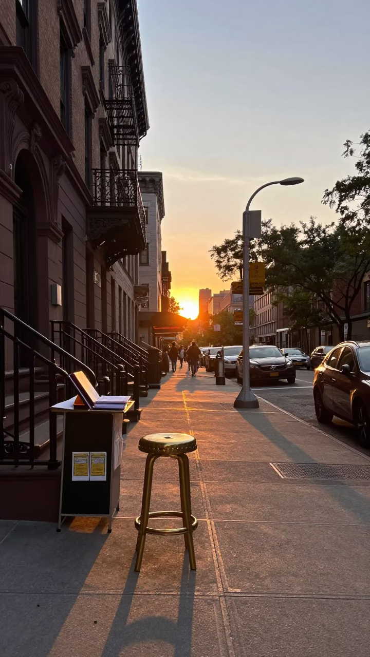 New York City Sunset Street Scene with Stool and Ledger on Busy Sidewalk in in New York, New York, United States