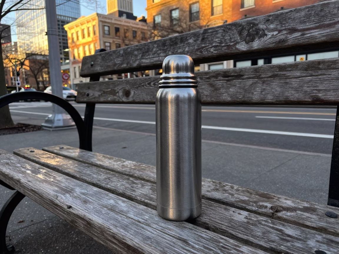 New York City Sunset Street Scene with Thermos and Linen Bag on Bench in in New York, New York, United States