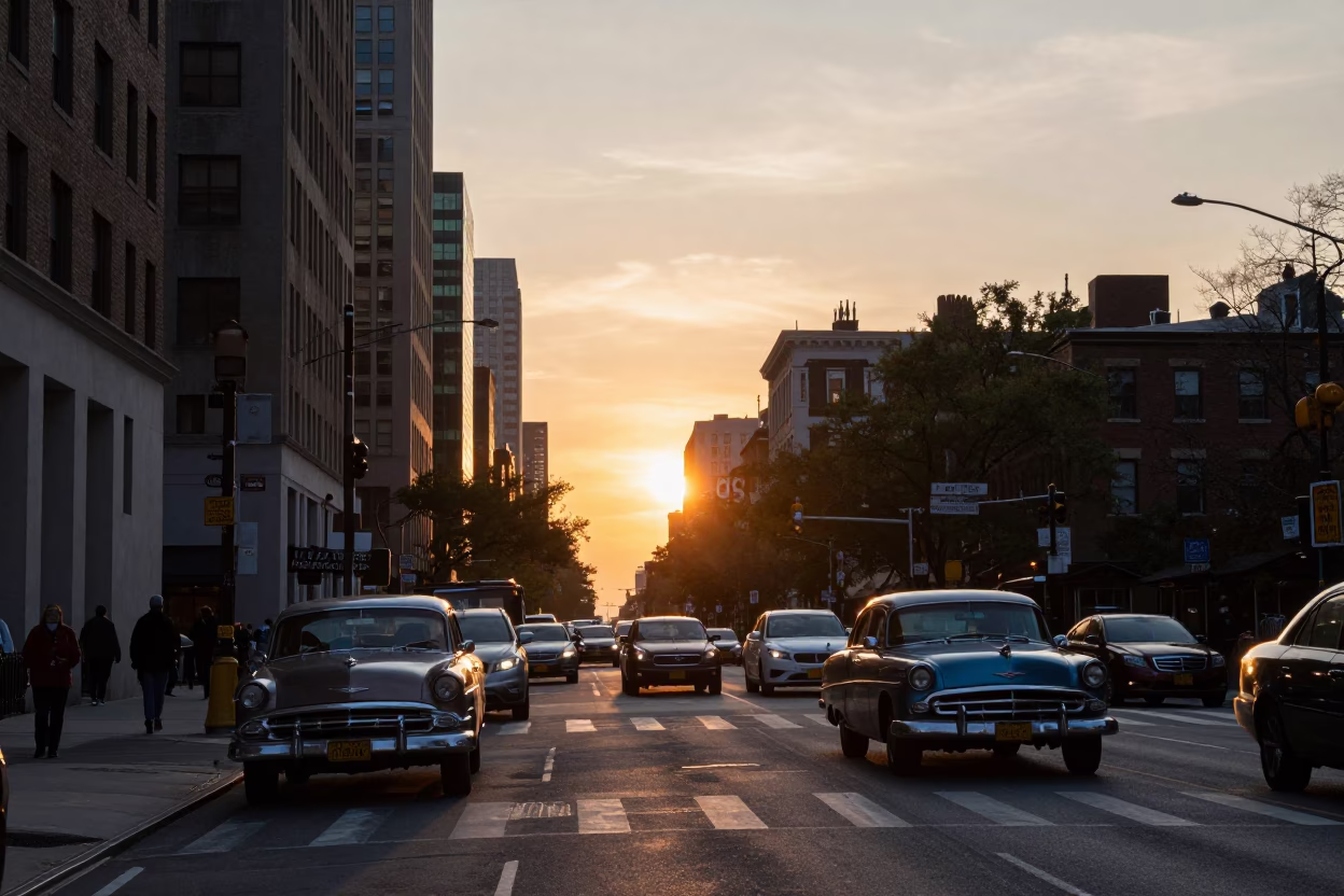 New York City Sunset Street Scene with Vintage Automobiles and City Skyline at Dusk in in New York, New York, United States