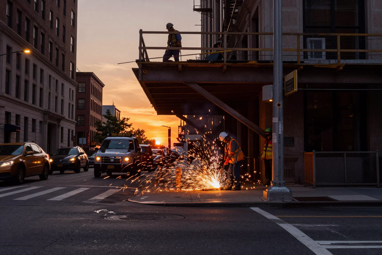 New York City Sunset Street Scene with Welding Sparks and Urban Infrastructure in in New York, New York, United States