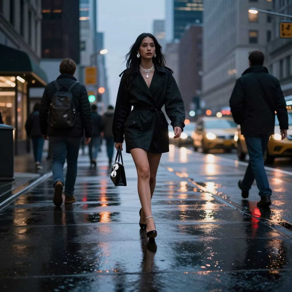 New York City Twilight Street Fashion Diamond Ring Reflection on Wet Sidewalk in in New York, New York, United States