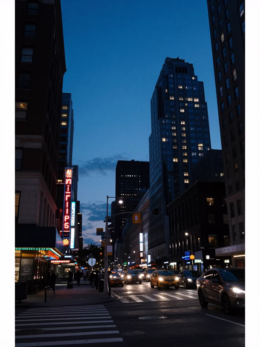 New York City Twilight Street Scene with Neon Signs and Urban Architecture in in New York, New York, United States