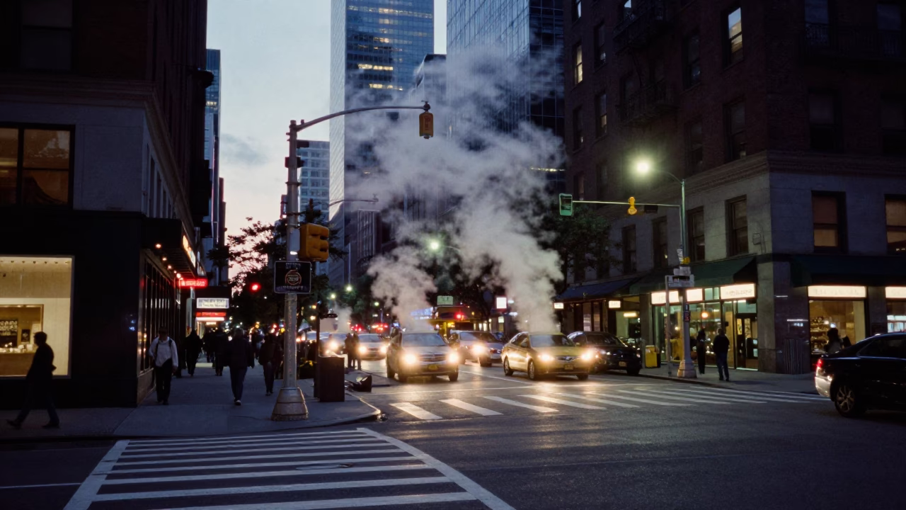 New York City Twilight Street Scene with Steam and City Lights in in New York, New York, United States