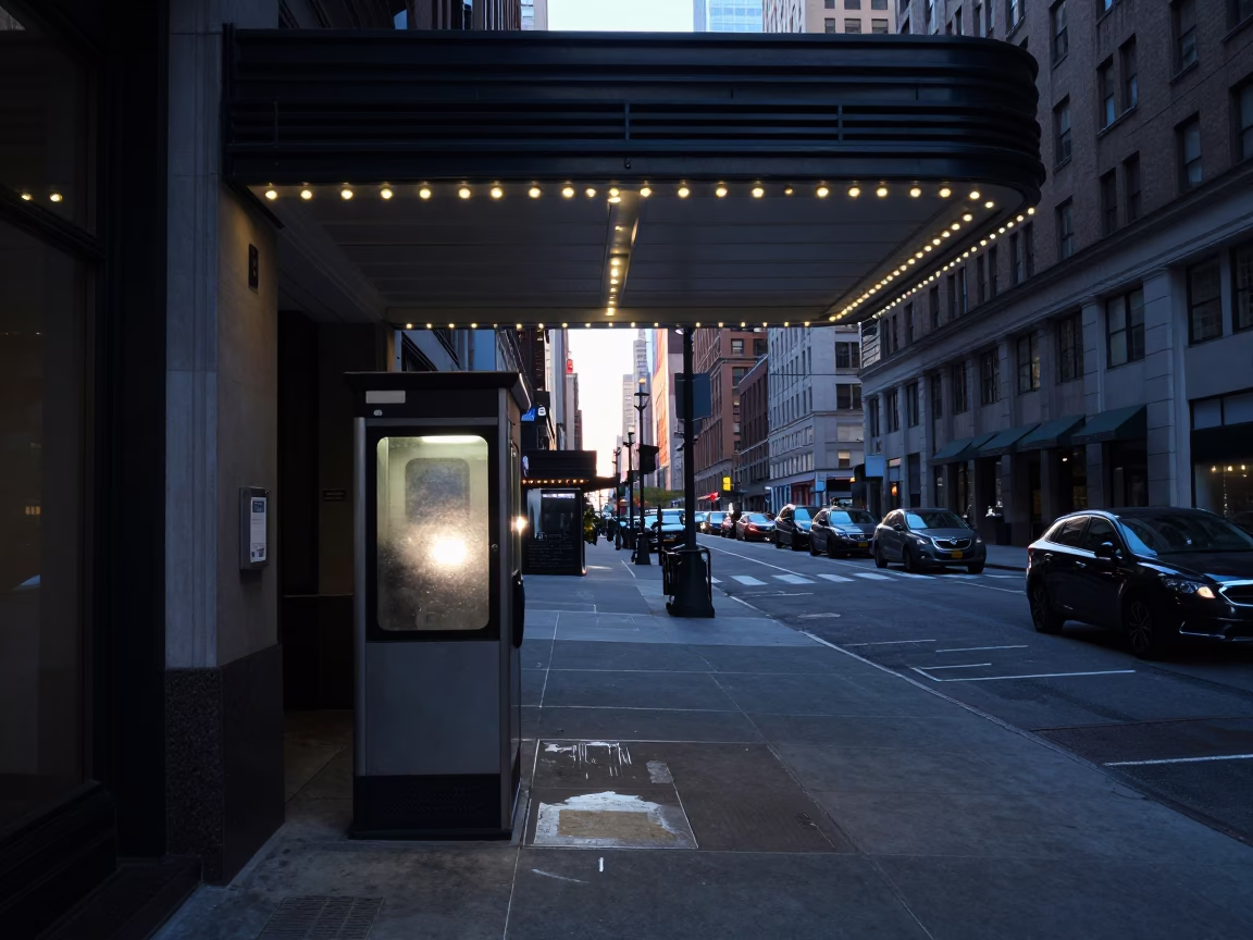 New York City Valet Stand Under Hotel Awnings Reflecting Headlight Streaks Before Sunrise in in New York, New York, United States