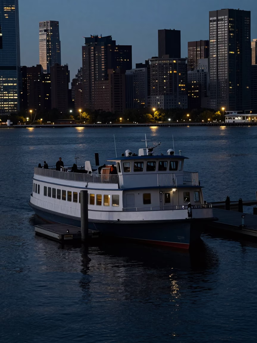 New York City Water Taxi at Floating Dock in Predawn Darkness in in New York, New York, United States