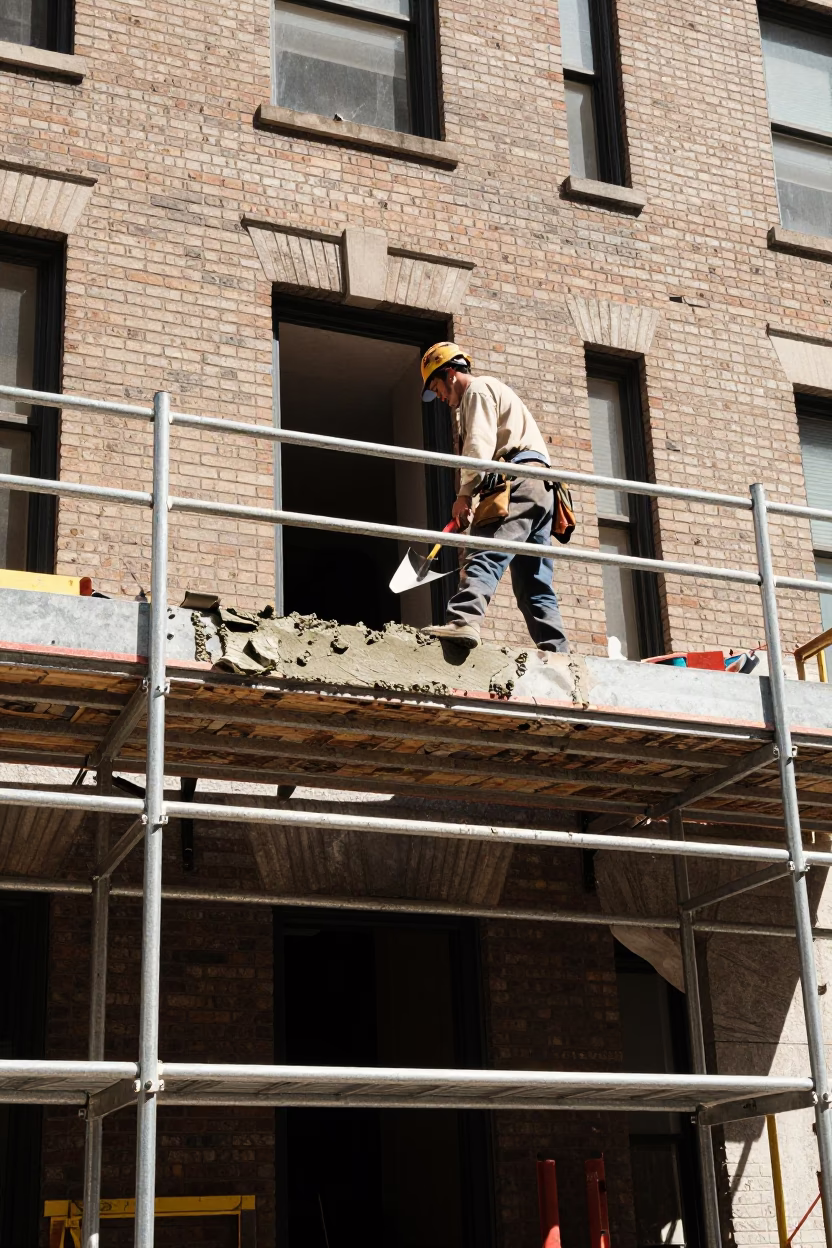 New York Construction Worker Mason's Trowel and Wet Mortar Scaffold Noon in in New York, New York, United States