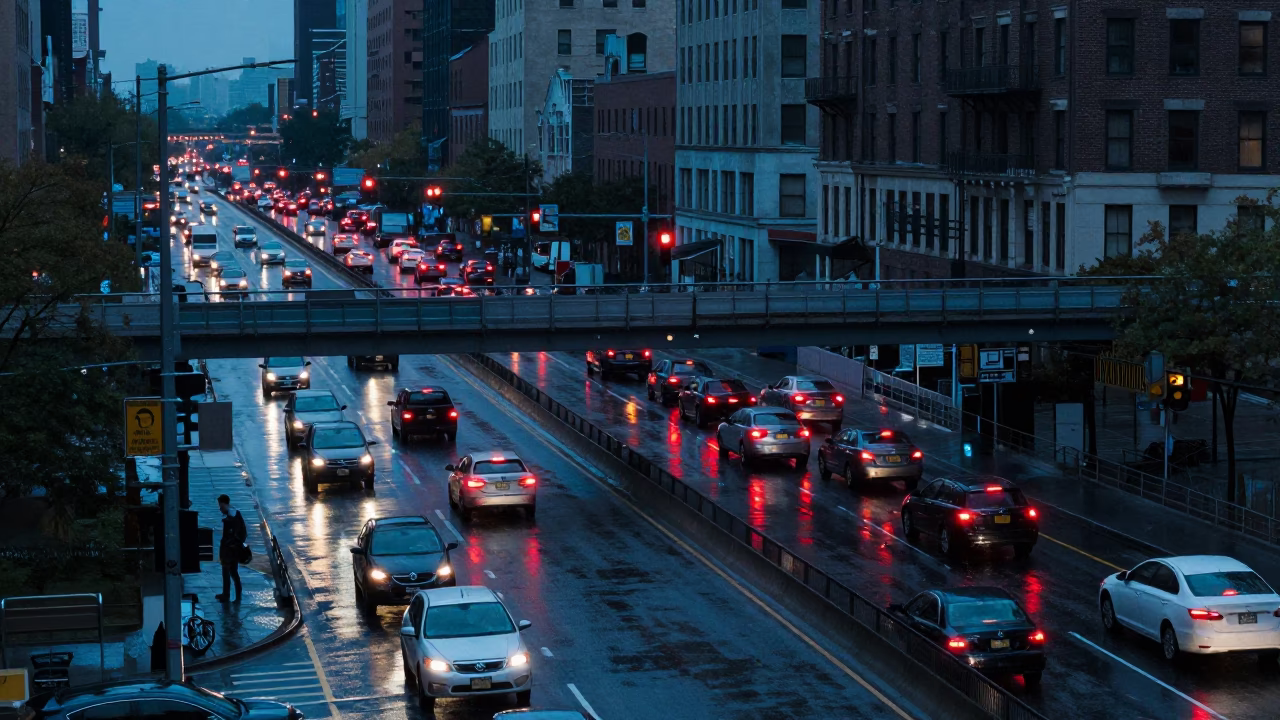New York Evening Interchange with Rain Reflections and Urban Street Life in in New York, New York, United States