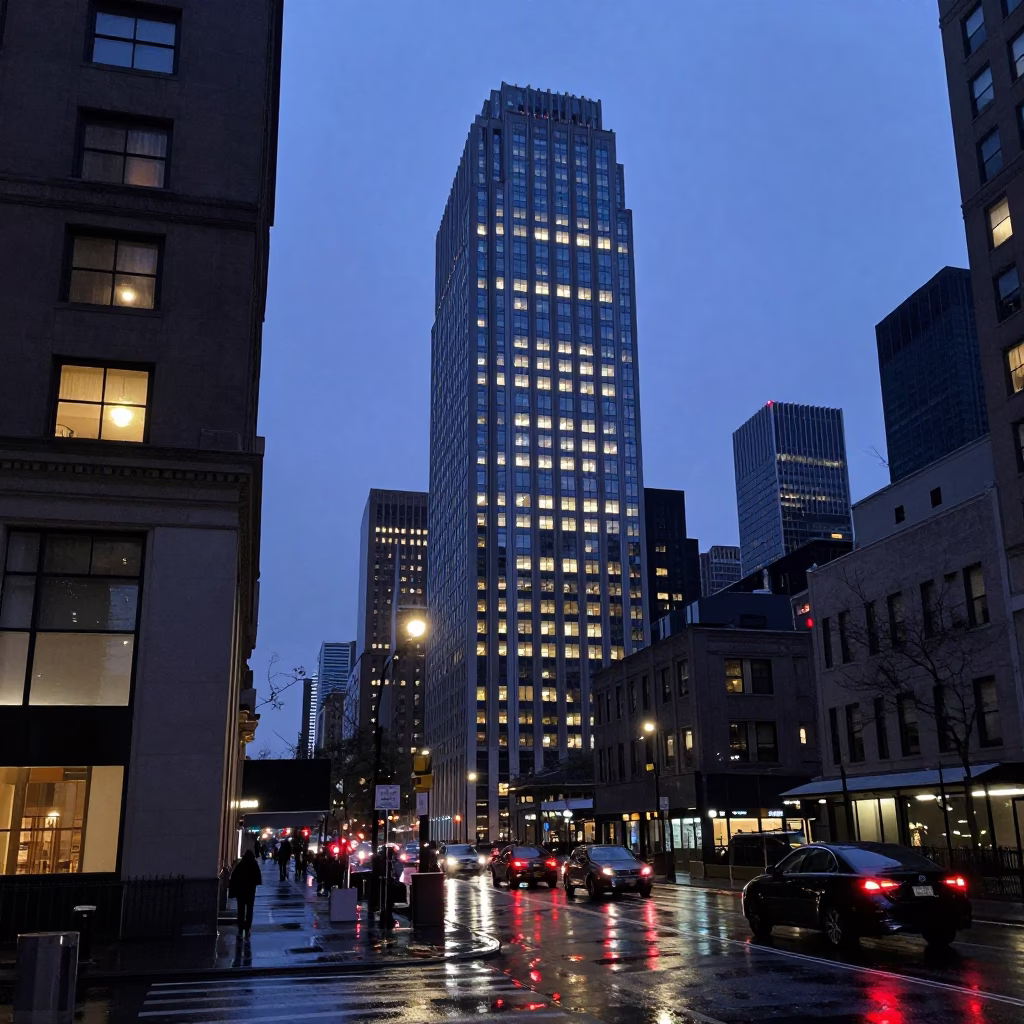 New York Hotel Windows And Tail Lights at Indigo Twilight After Sunset in in New York, New York, United States