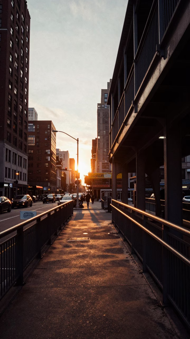 New York Pedestrian Overpass at As The Sun Drops Toward The Horizon in in New York, New York, United States