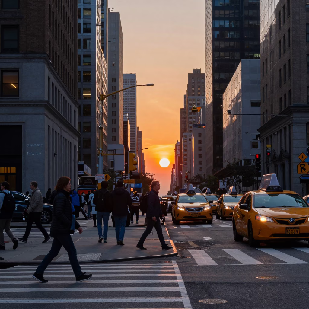 New York Scene City at As The Sun Drops Toward The Horizon in in New York, New York, United States