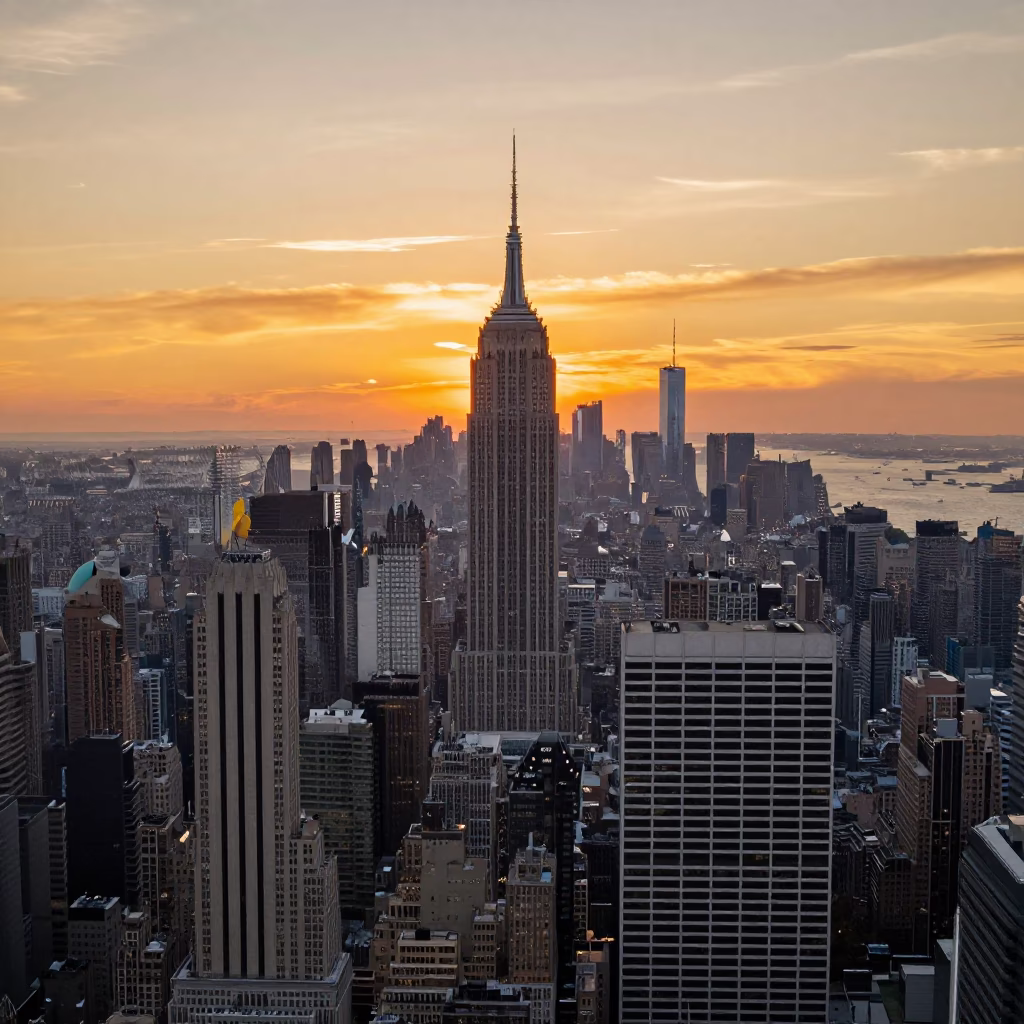New York Skyline View at As The Sun Drops Toward The Horizon in in New York, New York, United States