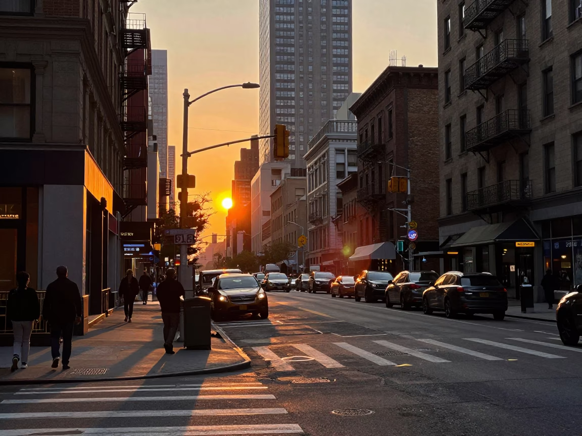 New York Street Corner at As The Sun Drops Toward The Horizon in in New York, New York, United States