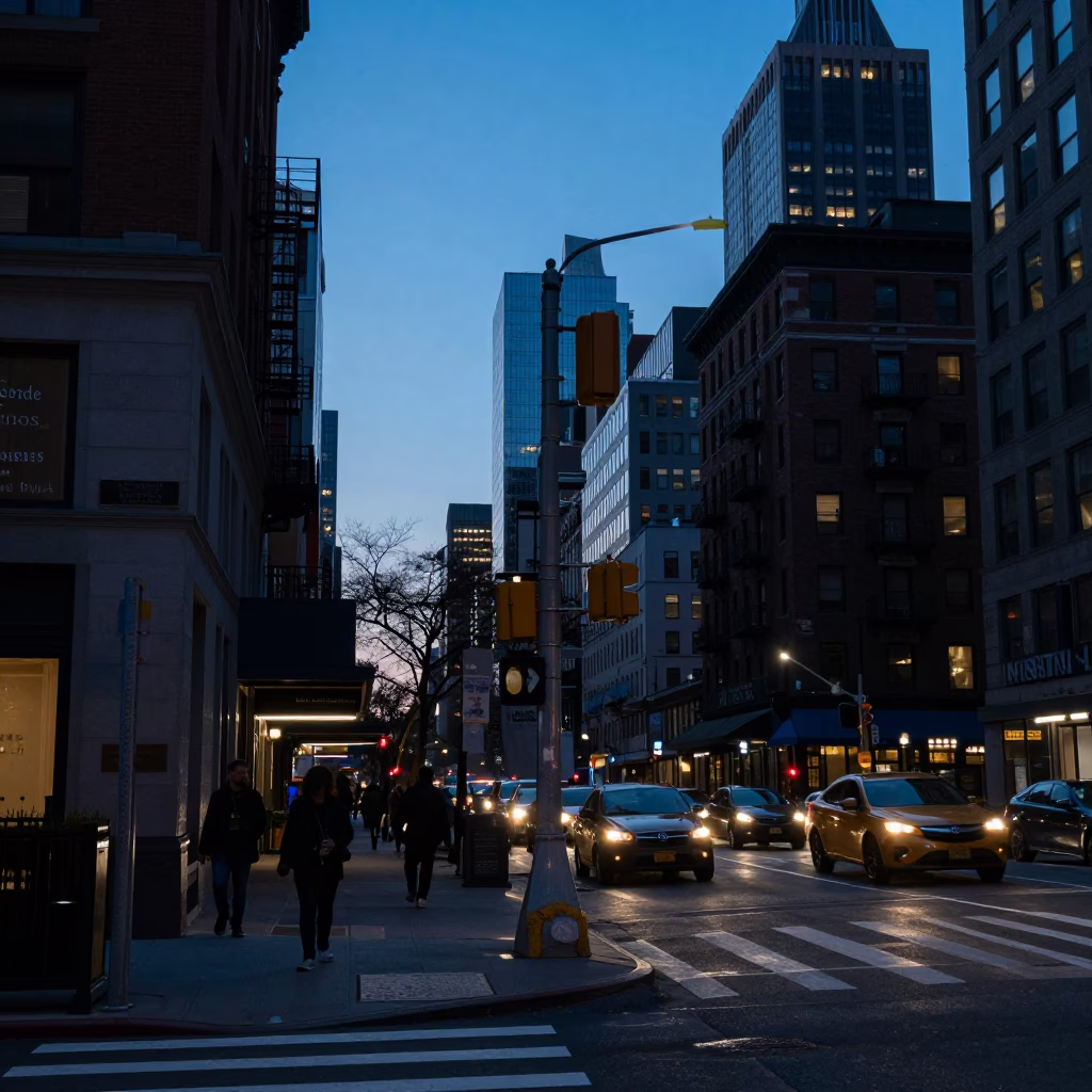 New York Street Corner at The Still Hours Before Dawn Light in in New York, New York, United States