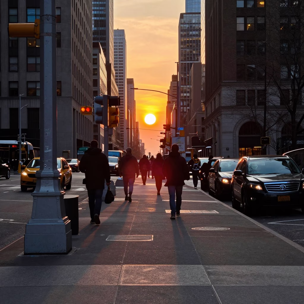 New York Street Scene at As The Sun Drops Toward The Horizon in in New York, New York, United States