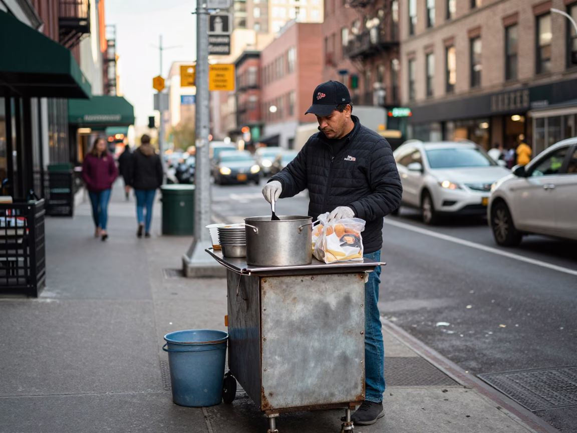 New York Street Vendor Lunch Break with Ladle and Pot Lid Smudges in in New York, New York, United States