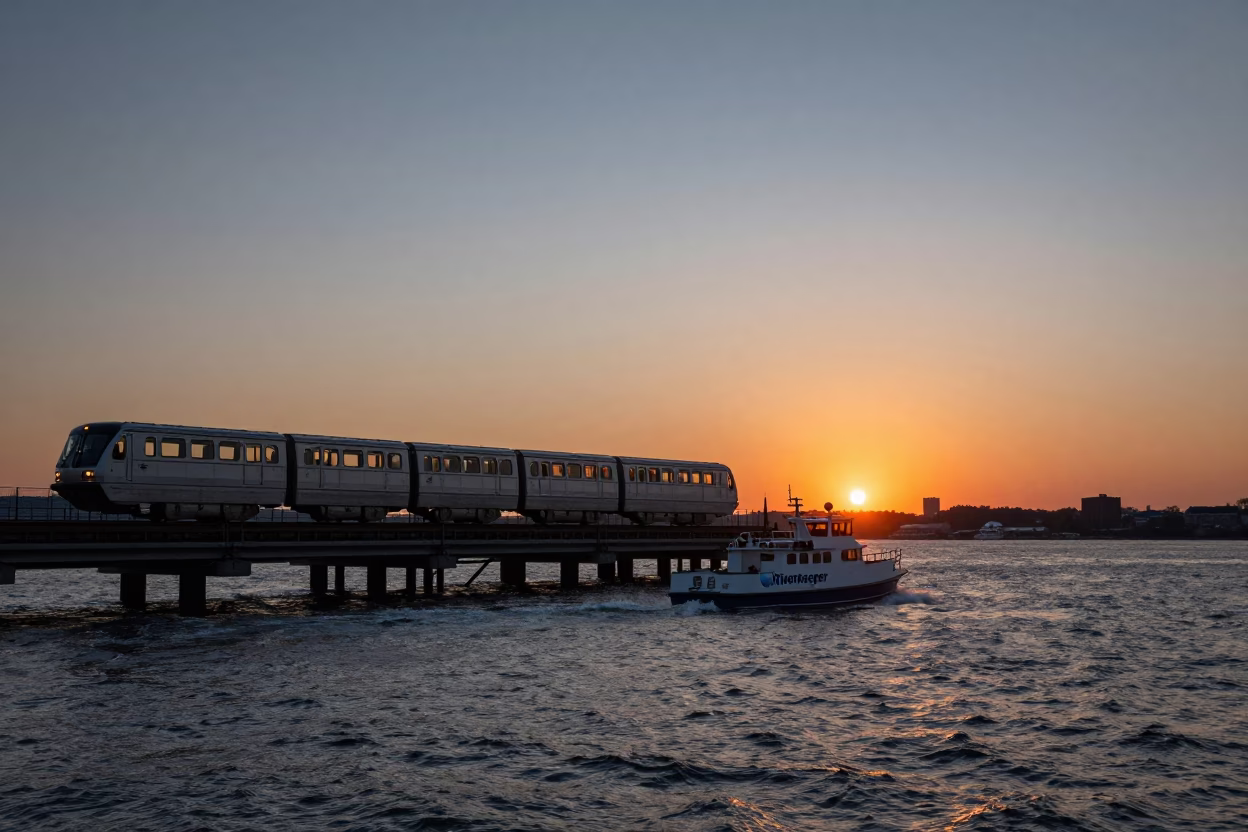 New York Sunset Monorail at As The Sun Drops Toward The Horizon in in New York, New York, United States