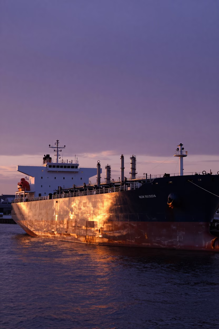 New York Tanker Ship Docked Harbor Refinery at Sunset Light in in New York, New York, United States