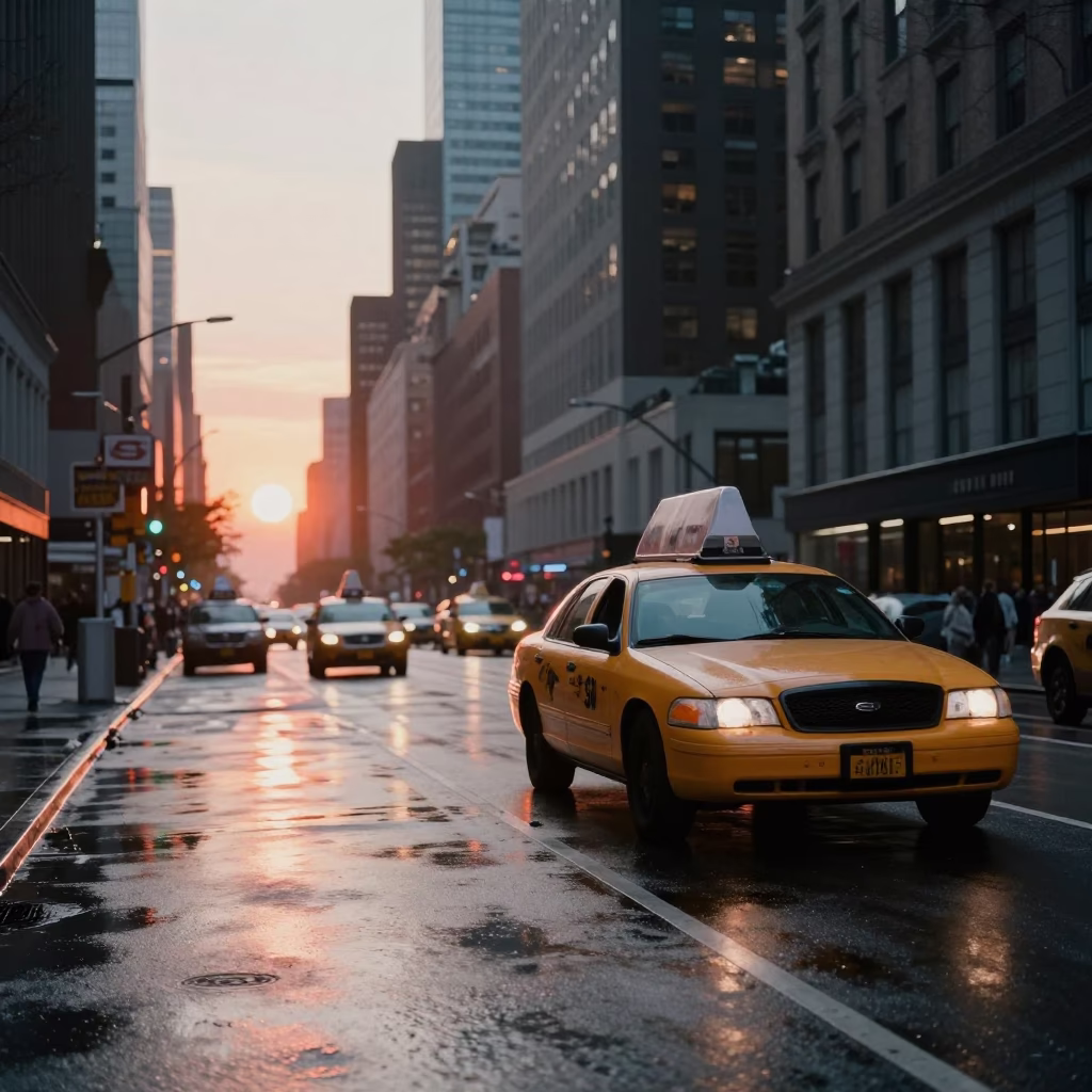 New York Yellow Taxi at As The Sun Drops Toward The Horizon in in New York, New York, United States