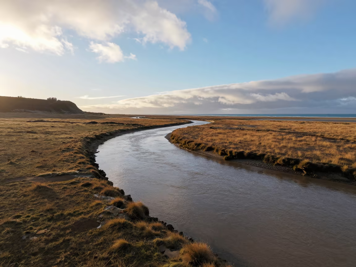 New Zealand Estuary Sunrise River Meets Ocean in across a wide valley floor in New Zealand