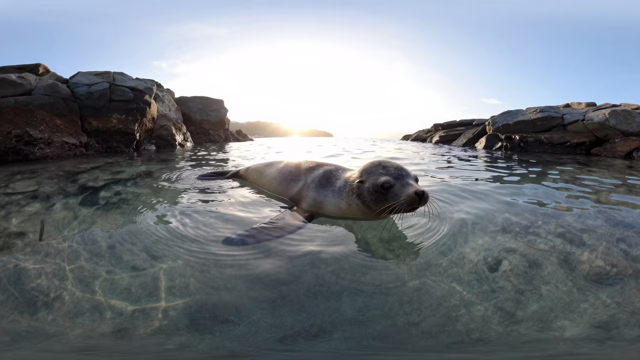 New Zealand Fur Seal Pup Drifting in Dawn Water in beside a tide-cut rock ledge under clear water in New Zealand