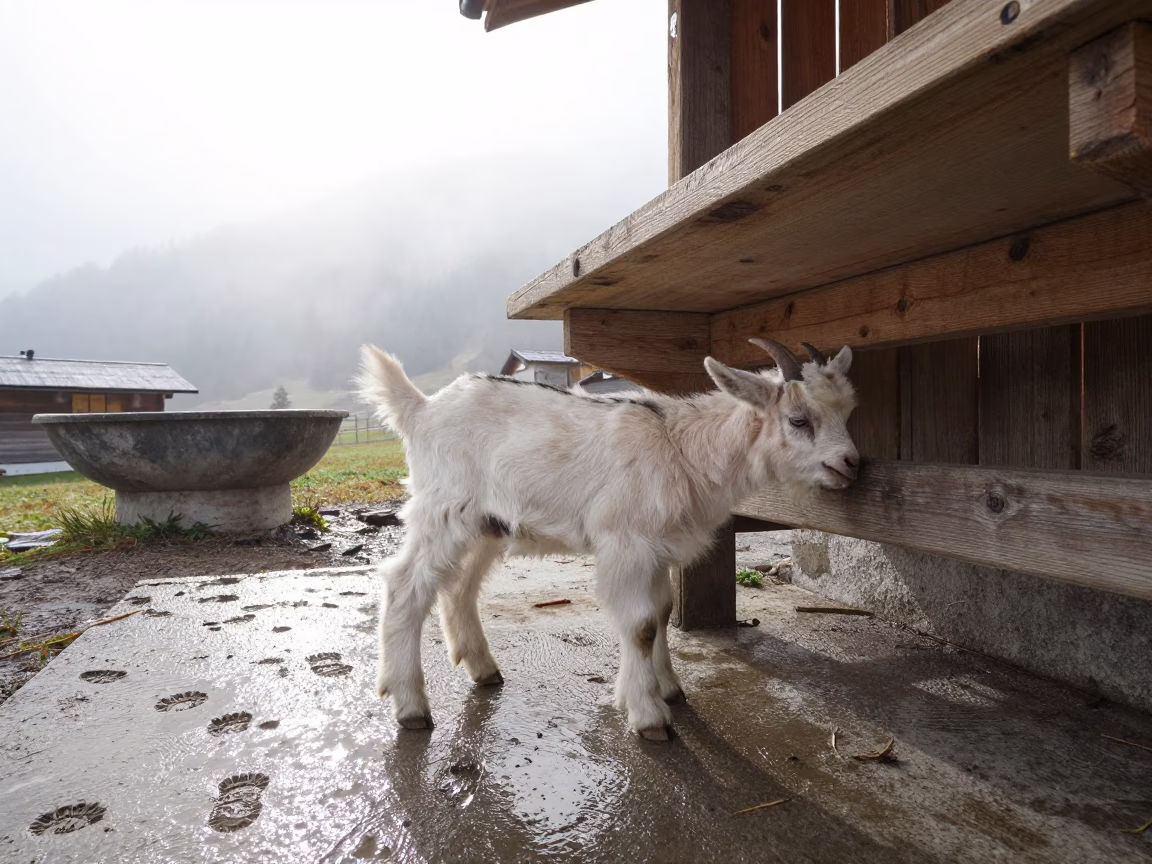 Newborn Goat Kidding on Shelf in Winter Mist in near a windbreak and water trough in Tyrol