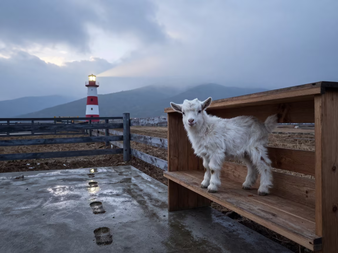 Newborn Goat Kit on Winter Shelf at Dawn in along a muddy paddock fence in Yunnan