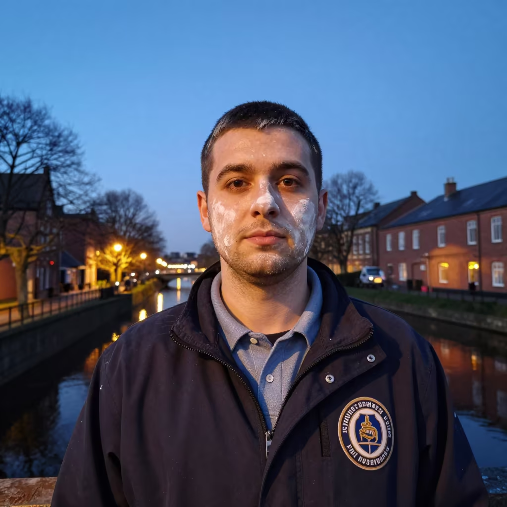 Newcastle Porter Gazing at Dawn by Firelight in beside a canal in Newcastle