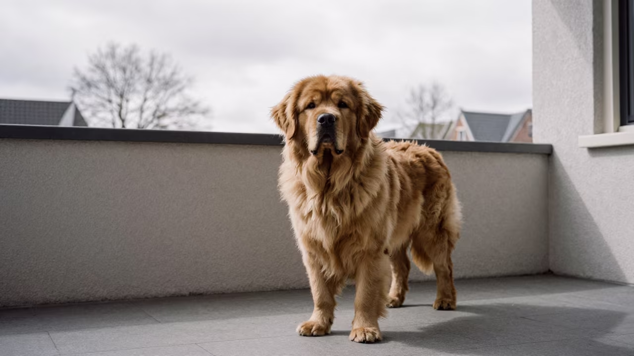 Newfoundland Dog on Shaded Courtyard Porch in beside a plain courtyard wall in clear daylight with the animal at eye level in Haarlem