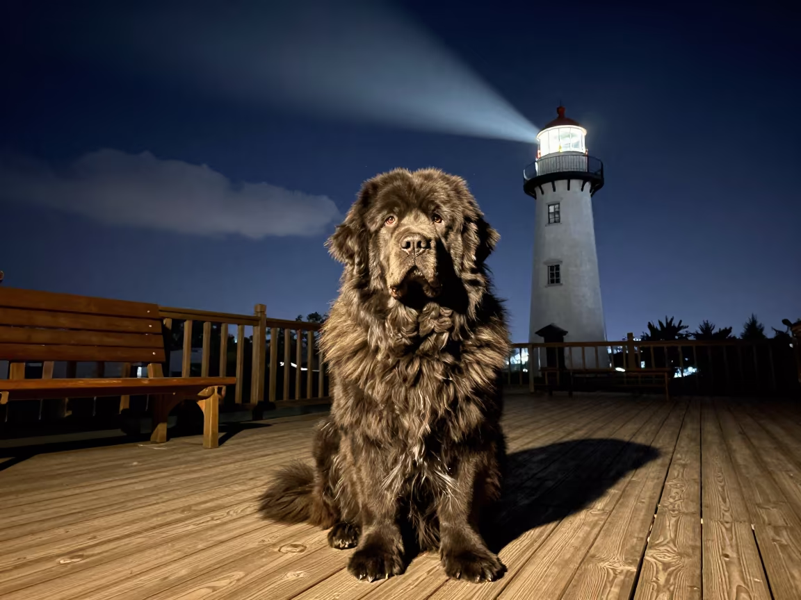 Newfoundland Dog on Shaded Porch at Night in on a shaded front porch with boards, railings, and eye-level framing in Pyongyang