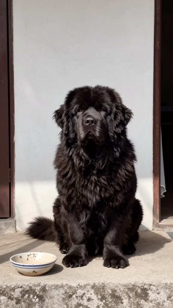 Newfoundland Dog on Shaded Porch in Lima Courtyard in beside a plain courtyard wall in clear daylight with the animal at eye level in San Isidro, Lima