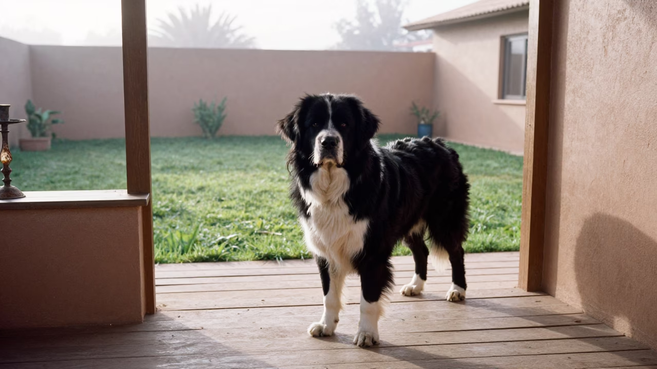Newfoundland Dog on Shaded Porch in Taourirt in in a small yard with clipped grass, calm light, and the animal centered in frame in Taourirt