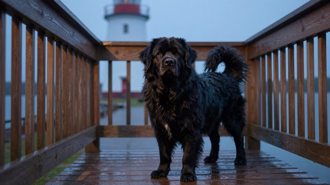 Newfoundland Dog on Winter Porch in on a shaded front porch with boards, railings, and eye-level framing near Vantaa