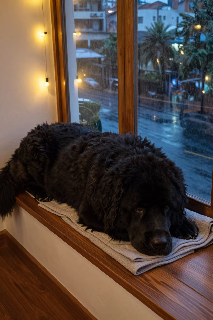 Newfoundland Dog Resting on Apartment Window Seat in on a window seat in a quiet apartment with soft side light in Siem Reap