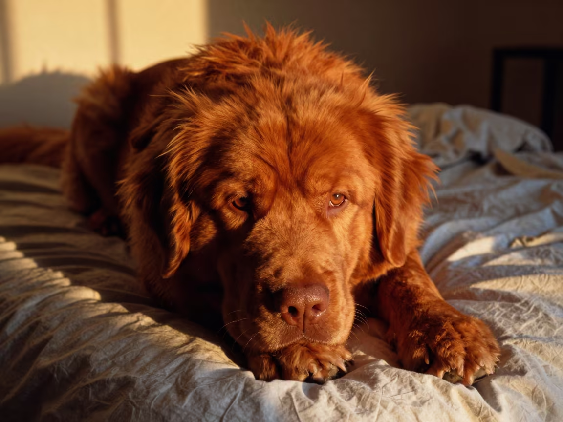 Newfoundland Dog Resting on Bedspread Near Window in on a bedspread near a bright window with calm indoor light near Gloucester