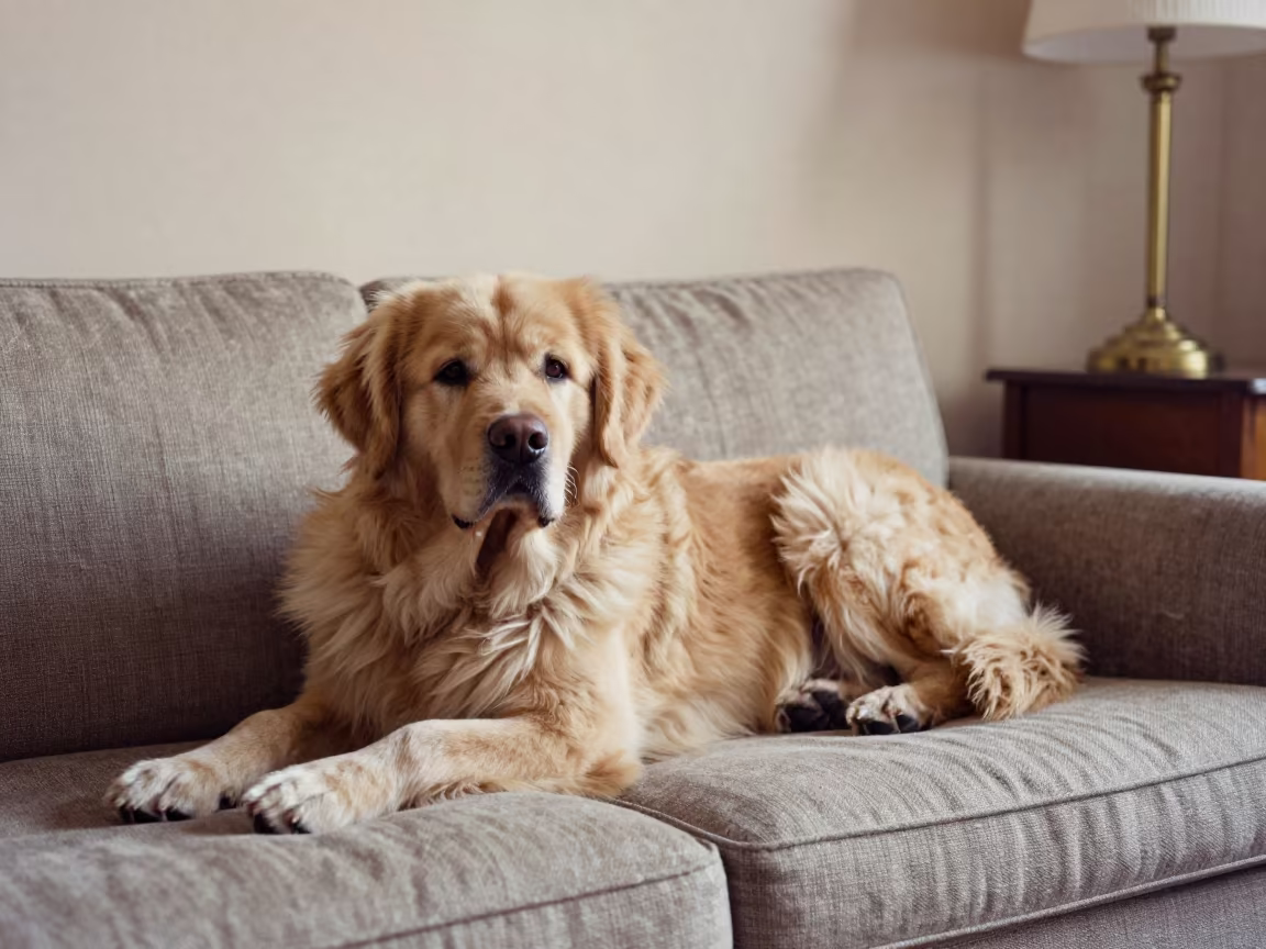 Newfoundland Dog Resting on Linen Sofa in Havana in on a linen sofa with daylight from a nearby window in Havana