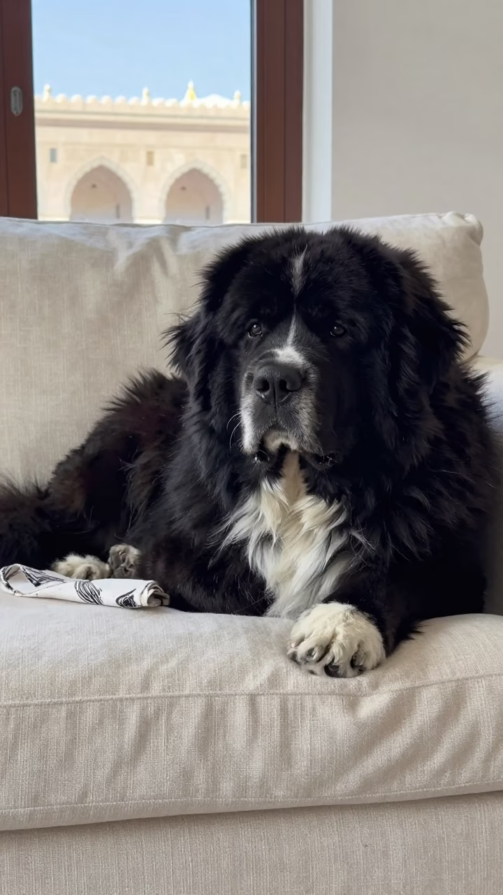 Newfoundland Dog Resting on Linen Sofa in Mecca in on a linen sofa with daylight from a nearby window in Mecca