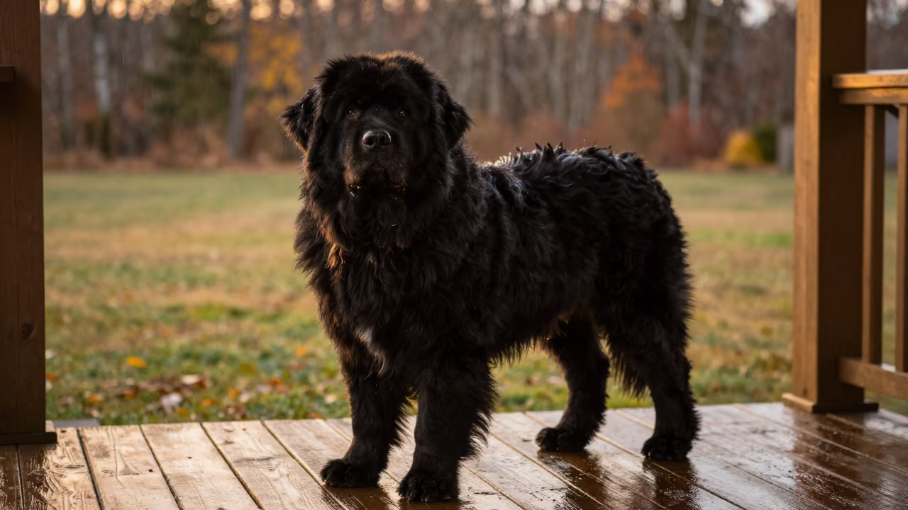 Newfoundland Dog Resting on Shaded Porch in in a small yard with clipped grass, calm light, and the animal centered in frame near Malaga