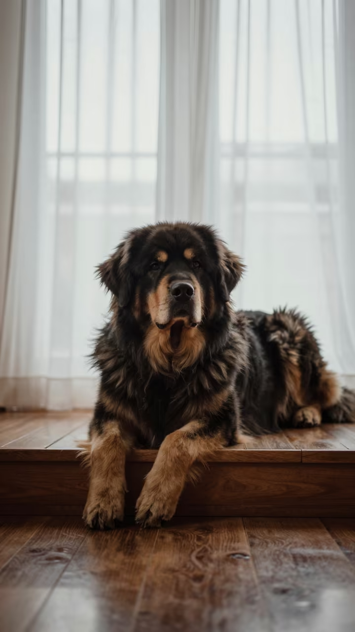 Newfoundland Dog Resting on Window Seat in Winter in on a window seat in a quiet apartment with soft side light in Jammu