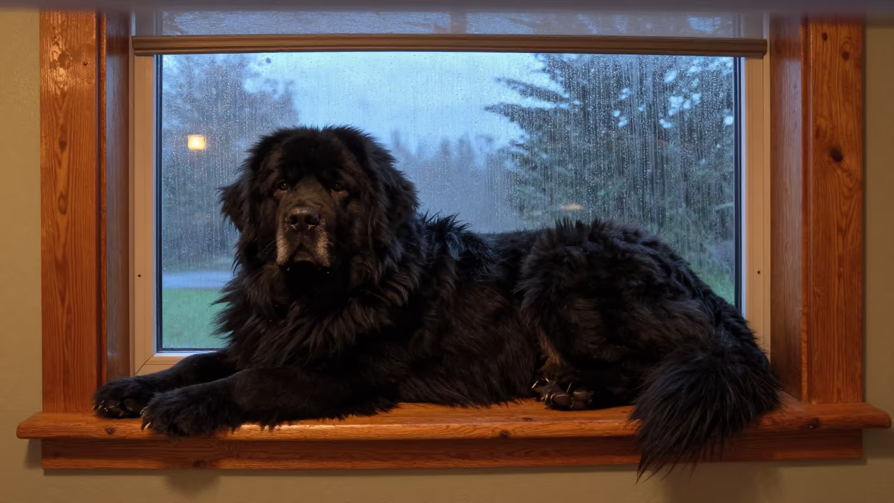 Newfoundland Dog Resting on Window Seat Night in on a window seat in a quiet apartment with soft side light near Turmero