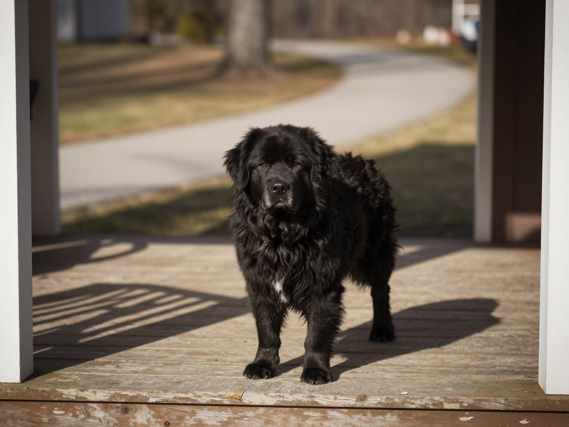 Newfoundland Dog Shaded on Porch Near Santiago in along a quiet park path with soft open shade and a clean background near Santiago de los Caballeros