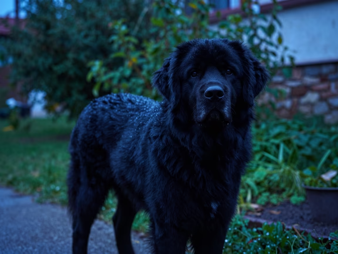 Newfoundland Portrait in Izmir Garden Twilight in near a garden edge with soft morning light and an uncluttered background in Izmir